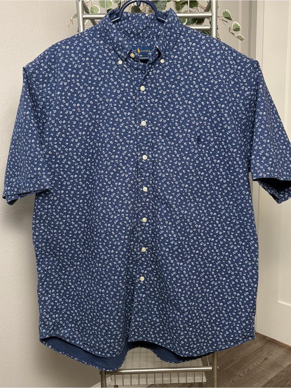 Ralph Lauren Button Up Shirt Size XLT Blue Floral Print Preppy Pony Logo